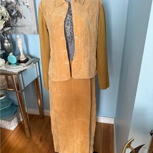 Tan 100% Leather Suede Jacket and Skirt Set